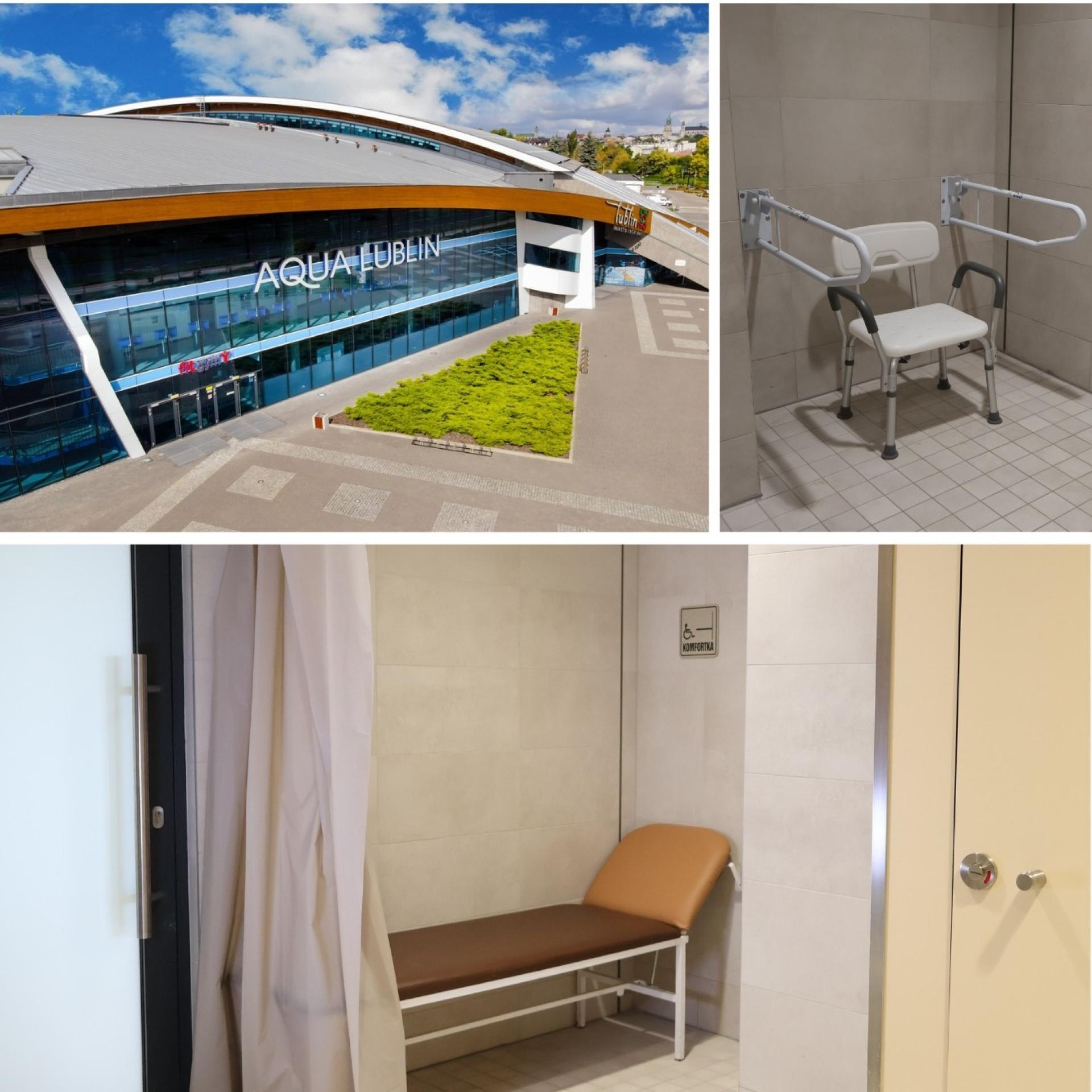 Zdjęcie składające się trzech mniejszych: widok na obiekt Aqua Lublin z lotu ptaka, krzesłko do przebierania w basenowej szatni oraz przestrzeń z leżanką.