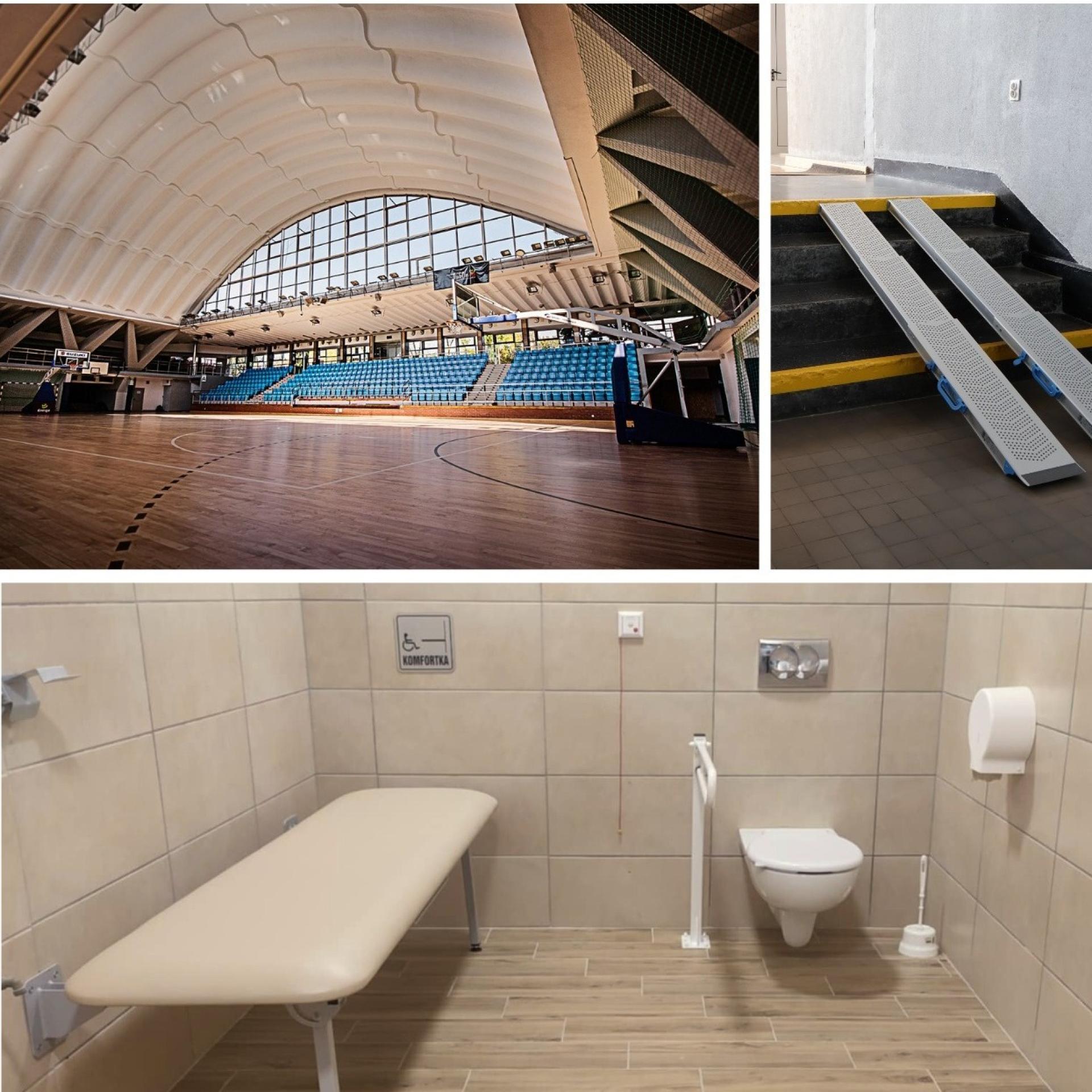 Zdjęcie składanka: widok na Hale im. Z. Niedzieli, zdjęcie podjazdu oraz pomieszczenia - komfortki